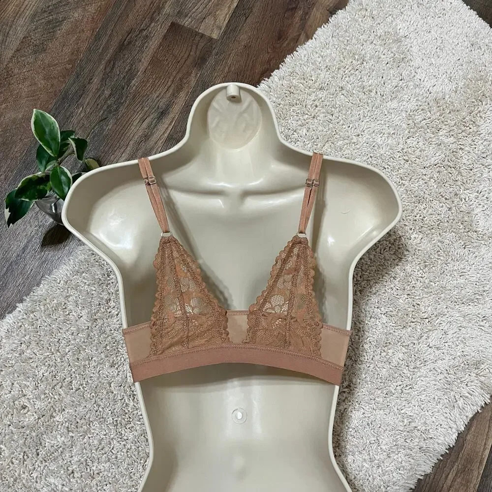 Aerie Size XS Brown Floral Lace Mesh Wireless Unlined Pull-On Bralette NWOT
